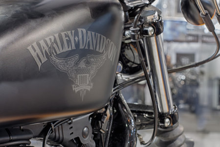 BRNO, CZECH REPUBLIC-MARCH 4,2016: Close up  fuel tank of motorcycle Harley Davidson Sportster Iron 883  on International Fair for Motorcycles on March 4,2016 in Brno in Czech Republicのeditorial素材