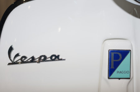 BRNO, CZECH REPUBLIC-MARCH 4,2016: Detail of inscription on scooter Vespa on International Fair for Motorcycles  on March 4,2016 in Brno in Czech Republicのeditorial素材