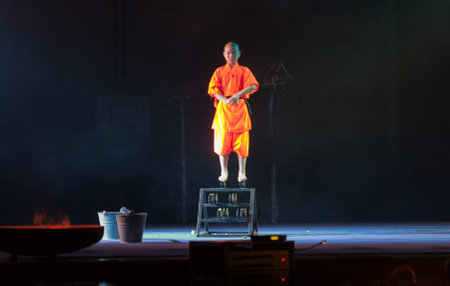 BRNO, CZECH REPUBLIC-APRIL 11.2016: Show The Mystical Powers of The Shaolin Monks of China on April 11, 2016 in City Hall Vodova in Brno in Czech Republicのeditorial素材