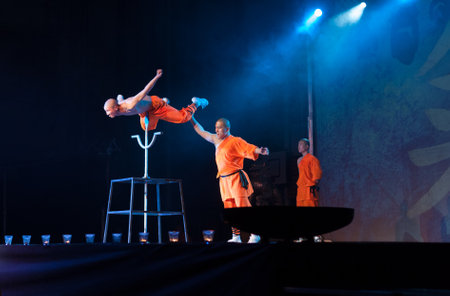 BRNO, CZECH REPUBLIC-APRIL 11.2016: Show The Mystical Powers of The Shaolin Monks of China on April 11, 2016 in City Hall Vodova in Brno in Czech Republicのeditorial素材