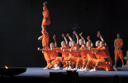 BRNO, CZECH REPUBLIC-APRIL 11.2016: Show The Mystical Powers of The Shaolin Monks of China on April 11, 2016 in City Hall Vodova in Brno in Czech Republicのeditorial素材