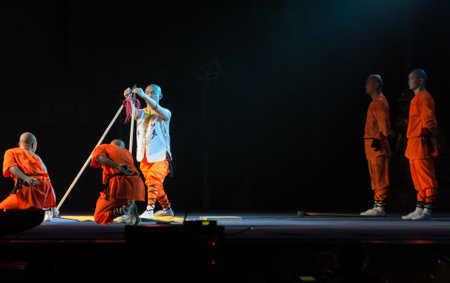 BRNO, CZECH REPUBLIC-APRIL 11.2016: Show The Mystical Powers of The Shaolin Monks of China on April 11, 2016 in City Hall Vodova in Brno in Czech Republicのeditorial素材