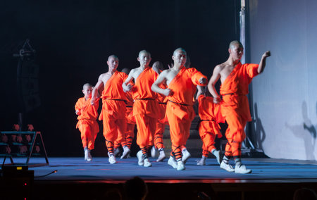 BRNO, CZECH REPUBLIC-APRIL 11.2016: Show The Mystical Powers of The Shaolin Monks of China on April 11, 2016 in City Hall Vodova in Brno in Czech Republicのeditorial素材