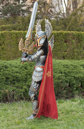 BRNO, CZECH REPUBLIC - APRIL 30, 2016: Cosplayer dressed as character Haven Paladin from game Might, Magic Heroes 7 poses  at Animefest, anime  convention on April 30, 2016 Brno in the Czech Republicのeditorial素材