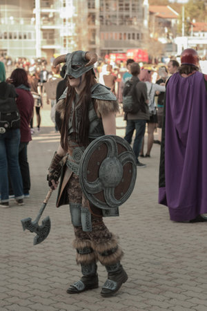 BRNO, CZECH REPUBLIC - APRIL 30, 2016: Cosplayer dressed as character Dovahkiin from game The Elder Scrolls V : Skyrim poses  at Animefest  on April 30, 2016 Brno, Czech Republicのeditorial素材