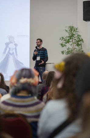 BRNO, CZECH REPUBLIC - APRIL 30, 2016:  Speaker during talks about online shopping from Japan at Animefest, anime and manga convention on April 30, 2016 Brno in the Czech Republicのeditorial素材