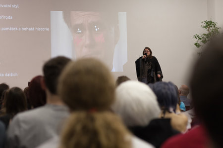 BRNO, CZECH REPUBLIC - APRIL 30, 2016:  Speaker in kimono dress during talks about living in Japan at Animefest, anime and manga convention on April 30, 2016 Brno in the Czech Republicのeditorial素材