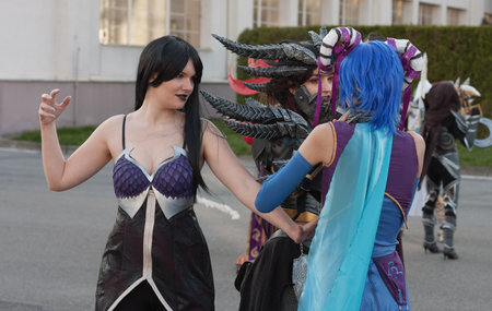 BRNO, CZECH REPUBLIC - APRIL 30, 2016:  Three cosplayers  dressed as characters  from World of Warcraft pose at Animefest, anime and manga convention on April 30, 2016 Brno in the Czech Republicのeditorial素材