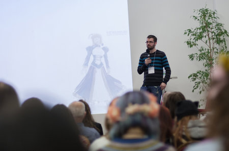 BRNO, CZECH REPUBLIC - APRIL 30, 2016:  Speaker during talks about online shopping from Japan at Animefest, anime and manga convention on April 30, 2016 Brno in the Czech Republicのeditorial素材