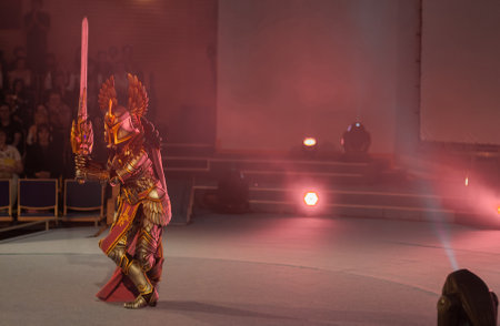 BRNO, CZECH REPUBLIC - APRIL 30, 2016: Cosplayer dressed as character Haven Paladin from game Might, Magic Heroes 7 poses during cosplay contest at Animefest on April 30, 2016 Brno, Czech Republicのeditorial素材