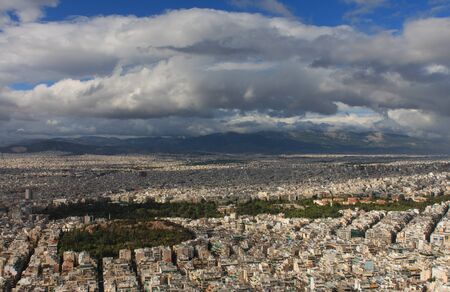 Aerial view of Athens from mount Lycabettus, public park Pedion Areos surrounded by buildings.の写真素材