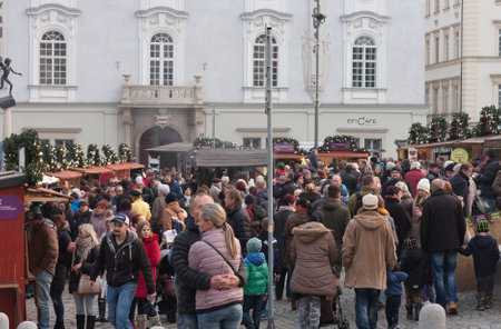 Brno,Czech Republic-November 26,2016 :People browsing market stalls at Christmas market on the Cabbage Market on November 26, 2016 Brno, Czech Republicのeditorial素材