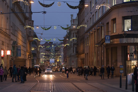 Brno, Czech Republic-December 5.2016: Walking people at Rasinova street at Advent time on December 5, 2016 in Brno, Czech Republicのeditorial素材