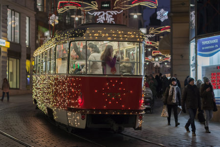Brno, Czech Republic-December 5.2016: Christmas tram tram at Masaryk street on December 5, 2016 in Brno, Czech Republicのeditorial素材