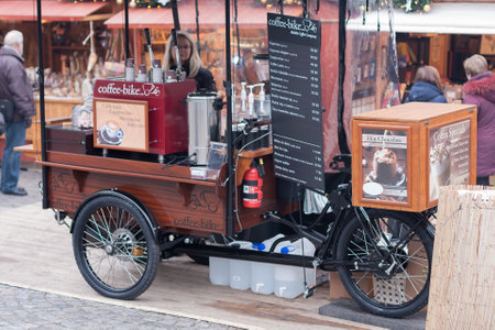 Brno, Czech Republic-December 5.2016: Mobile coffeebike at Christmas market on the Cabbage Market on December 5, 2016 in Brno, Czech Republicのeditorial素材