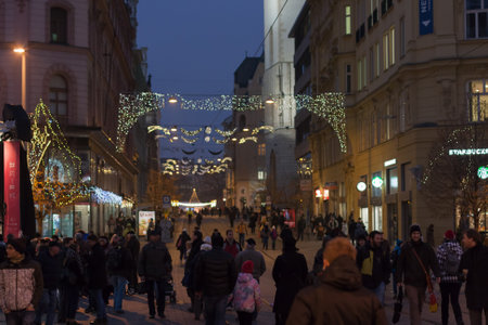Brno, Czech Republic-December 5.2016: Walking people at Christmas Market at Liberty Square on December 5, 2016 in Brno, Czech Republicのeditorial素材