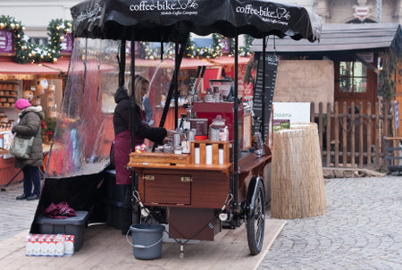 Brno, Czech Republic-December 5.2016: Mobile coffeebike at Christmas market on the Cabbage Market on December 5, 2016 in Brno, Czech Republicのeditorial素材