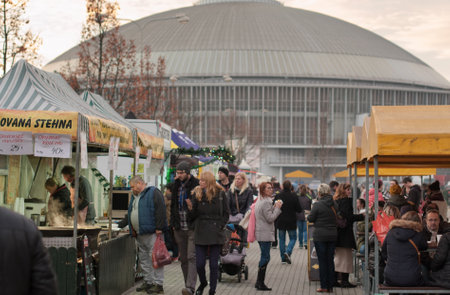 Brno, Czech Republic-December 10.2016: People browsing stalls with food at Christmas market in Brno Exhibition Centre on December 10, 2016 in Brno, Czech Republicのeditorial素材