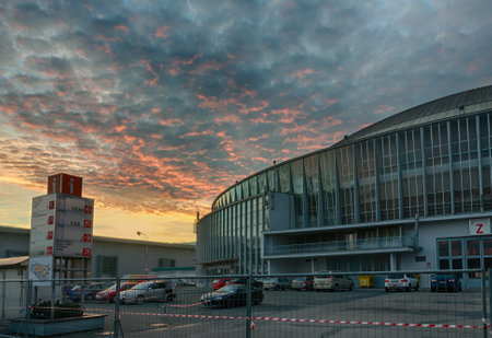 Brno Exhibition center in sunset advent time, dramatic sky.のeditorial素材