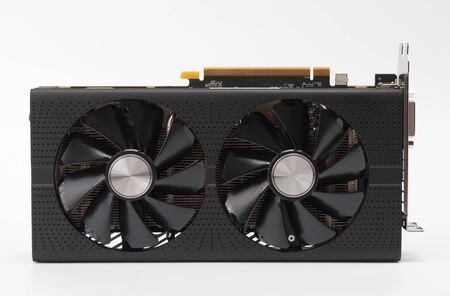 New modern gaming graphics card on white background, main component for VR gaming.