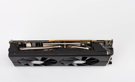 New modern gaming graphics card on white background, main component for VR gaming.