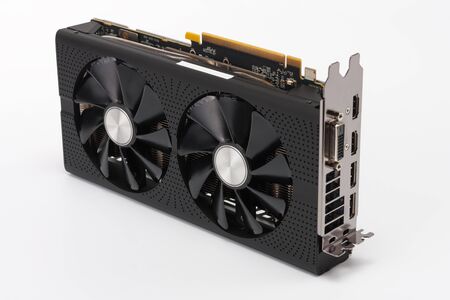 New modern gaming graphics card on white background, main component for VR gaming.