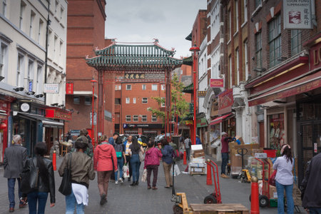 Gerrard  Street, London-September 6,2017: Tourists walking on China town on the Gerrard  Street on September 6, 2017 in London, United Kingdomのeditorial素材