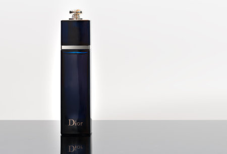 Brnenec, Czech Republic-December  6,2017: Bottle of perfume Dior Addict on gray acrylic sheetのeditorial素材
