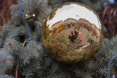 Brno,Czech Republic-December 18,2017: Reflection of christmas markets on the Cabbage Market in christmas bauble on December 18, 2017  Brno, Czech Republic のeditorial素材