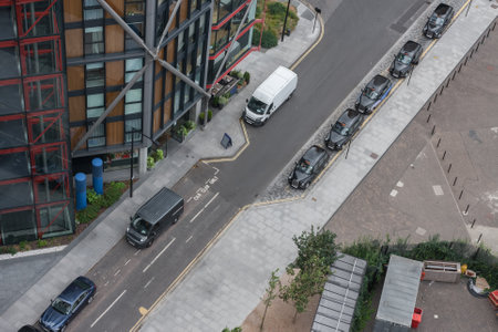 London black cabs parking in front of building, view from above.のeditorial素材