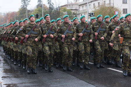 European street, Prague-October 28, 2018: Soldiers of Czech Army are marching on military parade for 100 th anniversary of creation Czechoslovakia on October 28, 2018 in Prague, Czech Republicのeditorial素材