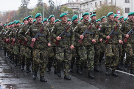 European street, Prague-October 28, 2018: Soldiers of Czech Army are marching on military parade for 100th anniversary of creation Czechoslovakia on October 28, 2018 in Prague, Czech Republicのeditorial素材