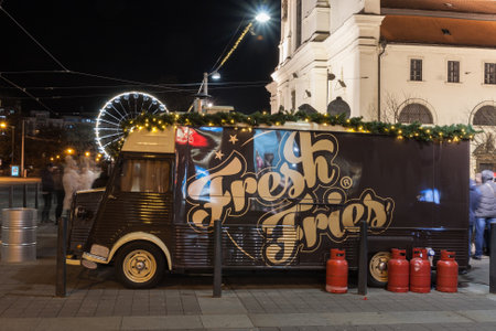Brno,Czech Republic-December 30,2018: Mobile food van at Christmas market at Moravian Square on December 30, 2018 Brno, Czech Republic - Imageのeditorial素材