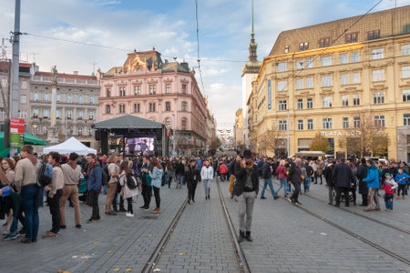 BRNO, CZECH REPUBLIC - NOVEMBER 17, 2019: People arriving to celebrate 30 years of Velevet Revolution at Liberty Square on November 17, 2019 Brno, Czech Republicのeditorial素材