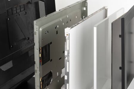 Several parts of LCD monitor, plastic frame, panel consists of polarizing filters, glass and ...
