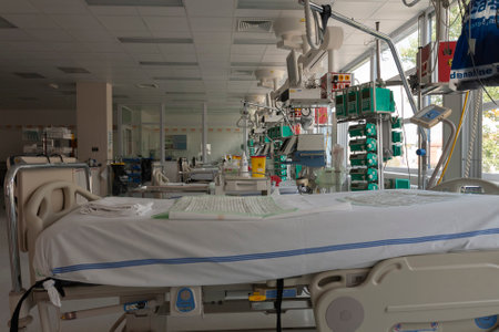 Svitavy, Czech Republic -September 20, 2012: Intensive care unit in hospital, beds with monitors, ventilators, a place where can be  treated patients with pneumonia caused by coronavirus covid 19.のeditorial素材