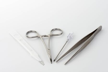 Close up of medical instruments on white background. Instruments  is used for cannulation of central venous catheter in ICU in hospital.の写真素材