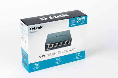 Brnenec, Czech Republic - January 31, 2020: Paper box, inside D-link DGS-105 5-port gigabit desktop...