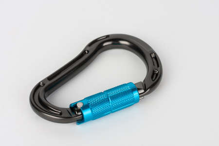 New black HMS carabiner with automatic twist lock, carabiner climbing equipment on white background.の写真素材