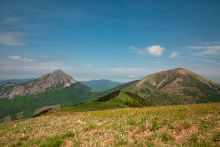 Mountains Maly Rozsutec, Velky Rozsutec, Stoh, view from Steny, national park Mala Fatra, Slovakiaの写真素材