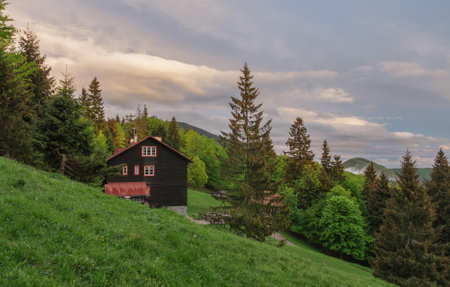 Chalet under mountain Suchy Vrch, national park Mala Fatra, Slovakia, spring sunset timeの写真素材