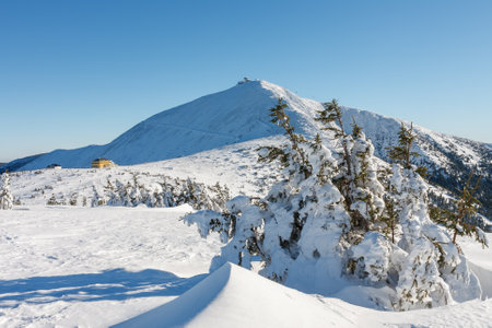 Winter morning,  Silesian house,  located at the foot of Snezka, krkonose mountains. Snezka is...