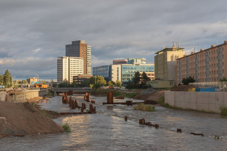 Flood wall in river basin of Svratka, Brno, Czech republic, floods after storm, September 15, 2024.の写真素材