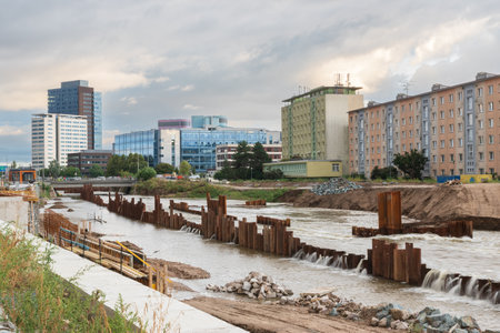 Flood wall in river basin of Svratka, Brno, Czech republic, floods after storm Boris, September 15,...