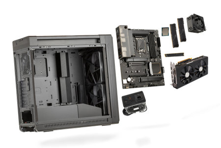 Main components of computer, studio shoot parts for building desktop PC isolated on white...