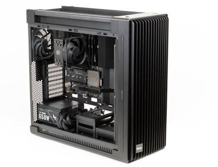Brnenec, Czech Republic -October 3, 2024 : Side view big tower, PC case Asus ProArt PA602 , inside...