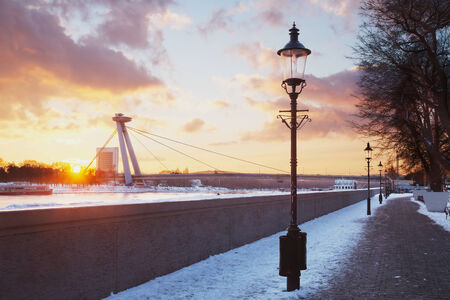 Bratislava sunset view on Bridge of Slovak National Uprising (SNP Bridge)の写真素材