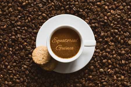 Still life photography of hot coffee beverage with text Equatorial Guineaの写真素材