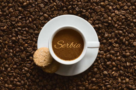 Still life photography of hot coffee beverage with text Serbiaの写真素材
