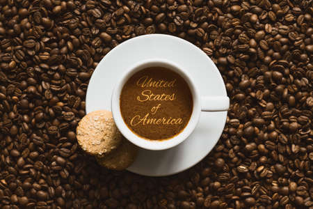 Still life photography of hot coffee beverage with text United States of Americaの写真素材